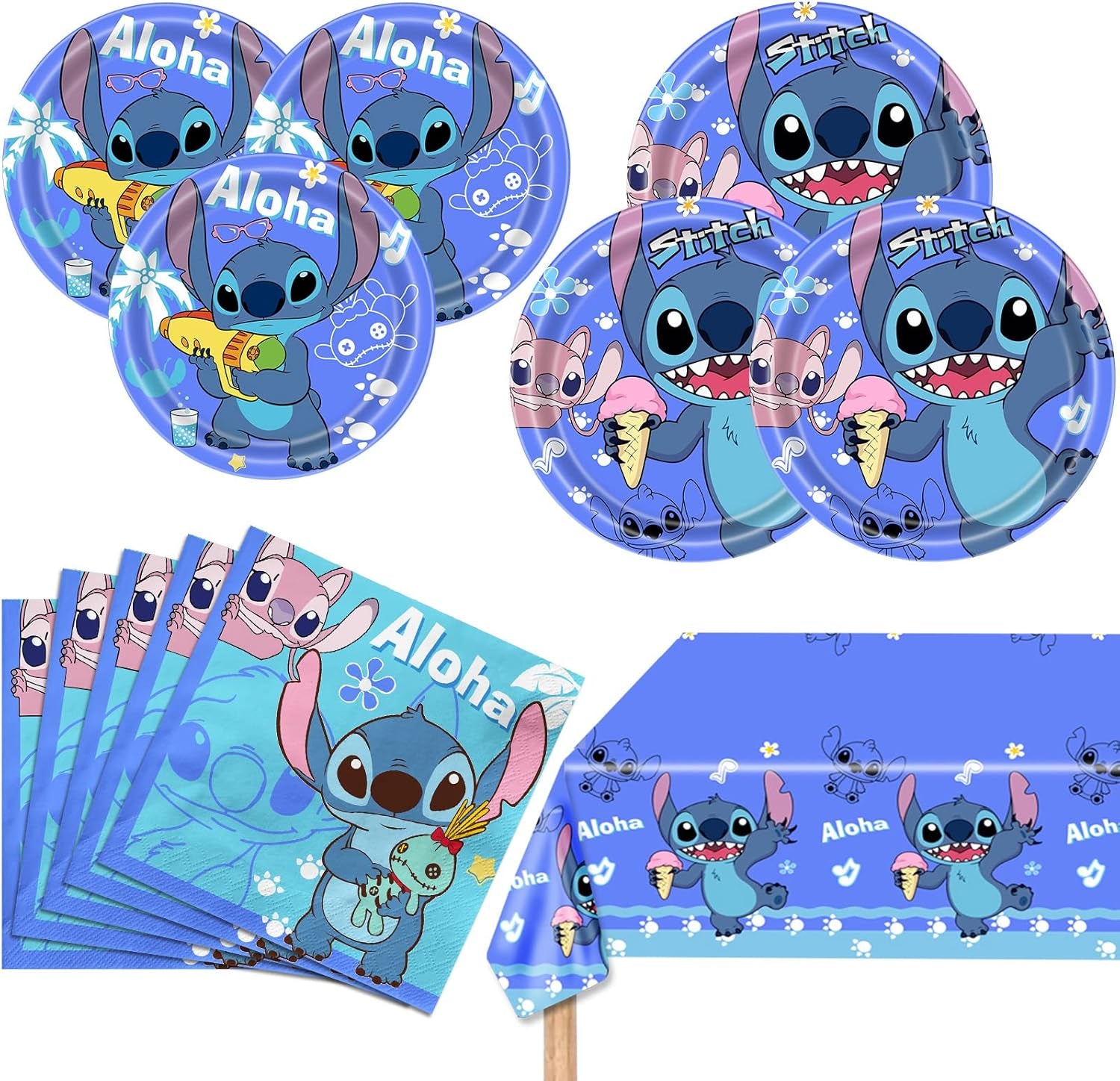 Stitch Party Supplies, 16 Plates, 20 Napkins and 1 Tablecover for Stitch Birthday Party Decorations
