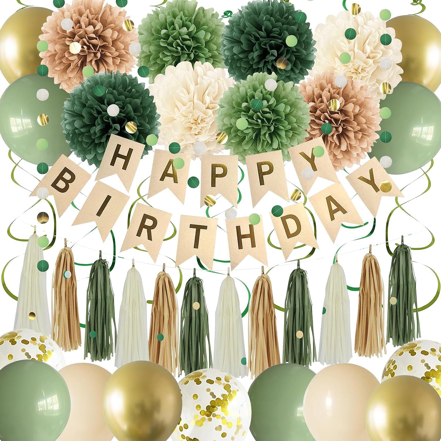 Green Birthday Party Decorations for Women Girls with Happy Birthday Banner,Tissue Paper Pompoms, Paper Tassel,Circle Garland,Hanging Swirl,Birthday Balloons for Party Decor (Sage Green)