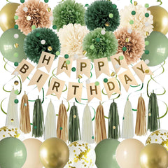 Green Birthday Party Decorations for Women Girls with Happy Birthday Banner,Tissue Paper Pompoms, Paper Tassel,Circle Garland,Hanging Swirl,Birthday Balloons for Party Decor (Sage Green)