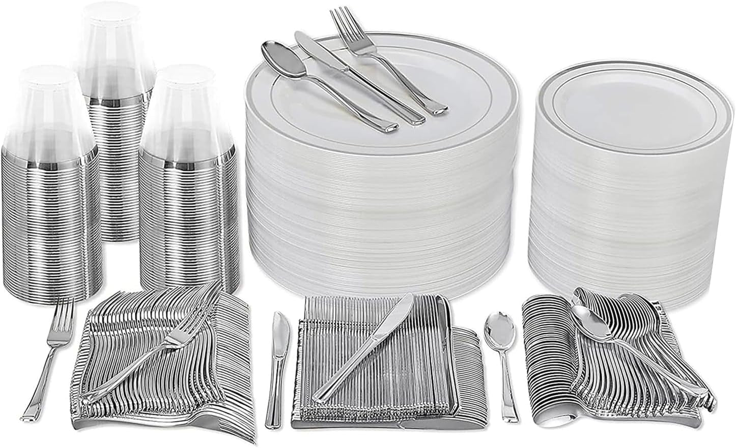 600 Piece Dinnerware Set for 100 Guests - Elegant Disposable Silverware and Party Plates for Events - Includes Cutlery Set with 100 Dinner Plates, Salad Plate, Cups, Knives, Forks, and Spoons