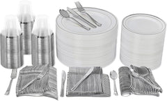 600 Piece Dinnerware Set for 100 Guests - Elegant Disposable Silverware and Party Plates for Events - Includes Cutlery Set with 100 Dinner Plates, Salad Plate, Cups, Knives, Forks, and Spoons