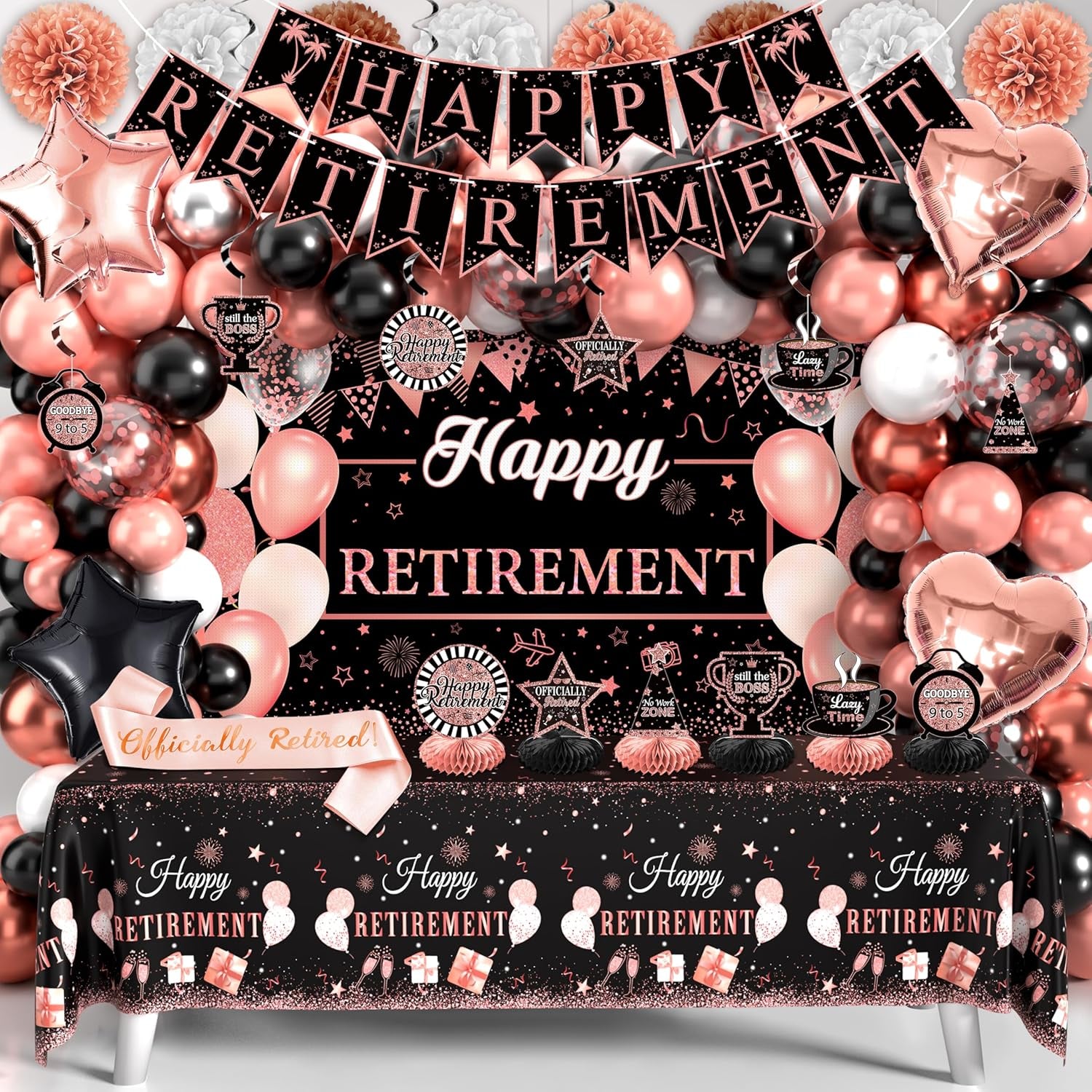 Retirement Party Decorations for Women 109Pcs Rose Gold Black Happy Retirement Decorations Retired Banner Backdrop Balloons Sash Hanging Swirls Pompoms Tablecloth Honeycomb Centerpiece(Rose Gold)