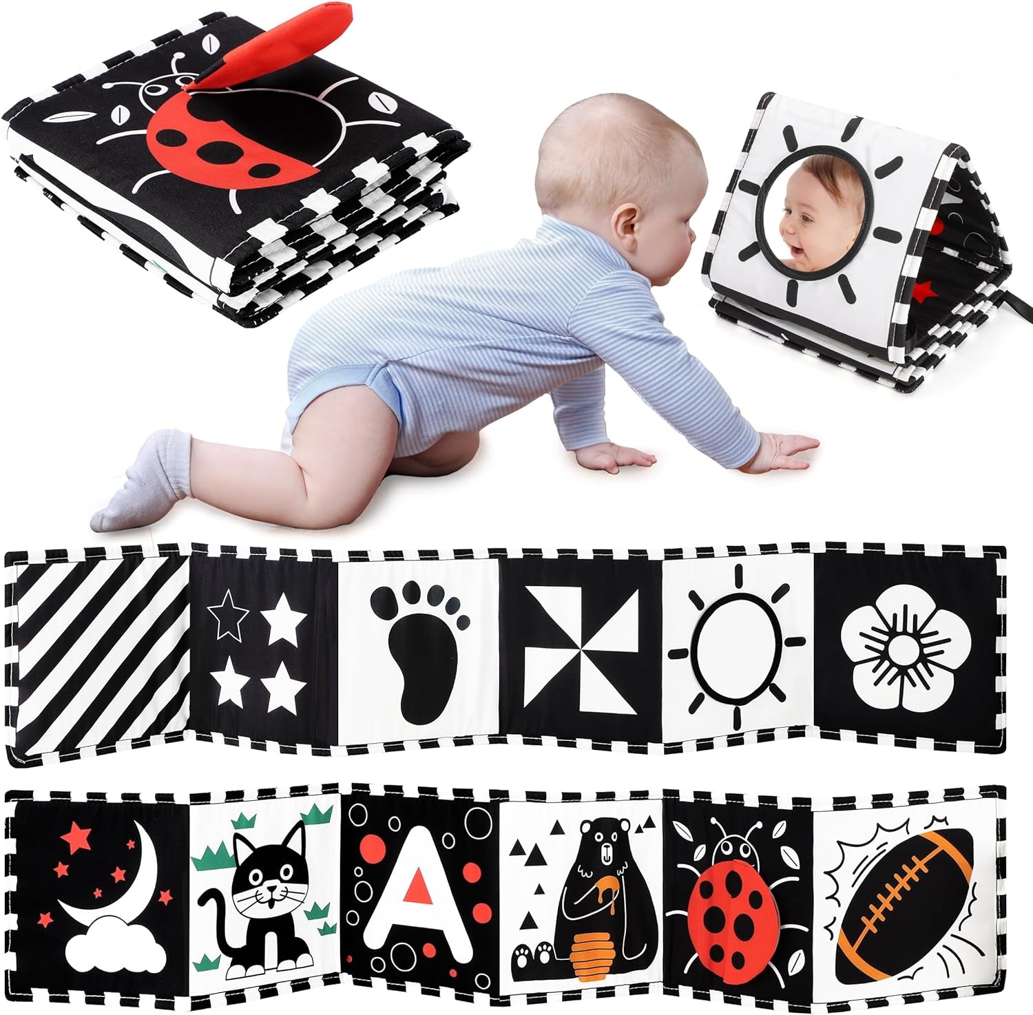 Black and White Baby Toys, Tummy Time High Contrast Newborn Toys 0-3 Months, Soft Baby Book, Visual Stimulation Montessori Sensory Infant Toys 0-6-12 Months, Shower Gift for Boys Girls
