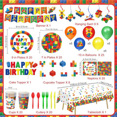 173 PCS Building Block Birthday Party Decorations - Plates, Napkins, Cups, Cutlery, Cake & Cupcake Toppers, Banner, Hanging Swirls, Tablecloth, Balloons for Boys' Kids' Birthday Party, Serves 20
