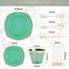 175PCS Clear Green Plastic Plates for 25 Guests, Disposable Plates with Gold Trim Include 50 Dinner Plates, 75 Gold Silverware, 25 Cups, 25 Napkins for Party, Wedding and Graduation