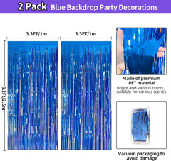 Blue Streamers Party Decorations 3.3X8.2Ft, 2 Pack Dark Blue Tinsel Backdrop for Ocean Themed Party Decor, Glitter Blue Foil Fringe Curtains for Door Decorations Hanging Birthday Baby Shower Halloween