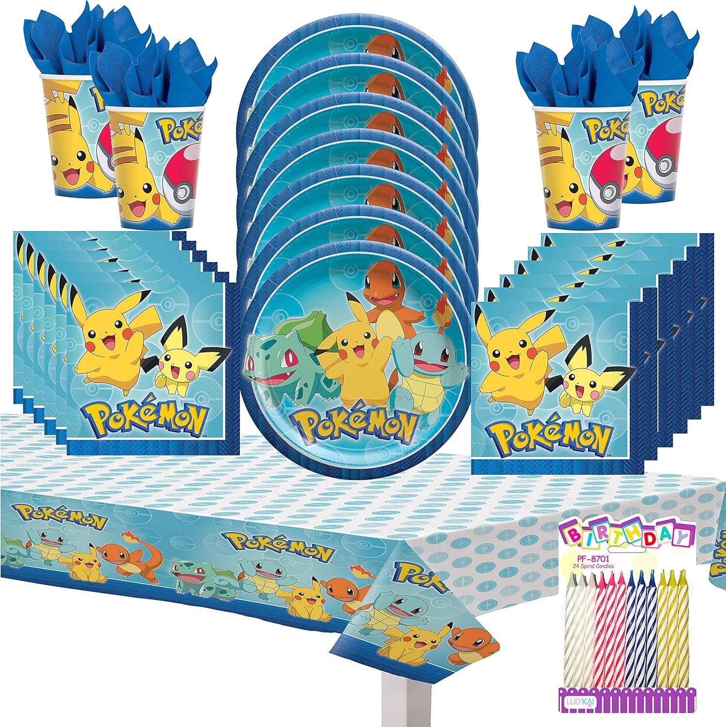 Pokémon Party Supplies Pack Serves 16: Dinner Plates Napkins Cups and Table Cover with Birthday Candles (Bundle For16)