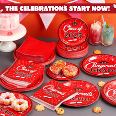 200 Pcs Graduation Party Plates and Napkins Red Dinnerware Set Supplies, 2025 Disposable Dessert Paper Plates Luncheon Cocktail Napkins for Congrats Grad Graduation Decorations, Serve 50