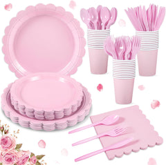 175 Pcs Pink Paper Plates and Napkins, Light Pink Party Supplies Include Scalloped Plate Napkins Cups Plastic Spoons Forks Knives for Baby Shower, Wedding, Birthday