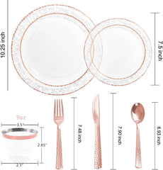 150PCS Rose Gold Plastic Plates – Disposable Plates with Rose Gold Plastic Silverware Include 50Plates, 25Forks, 25Knives, 25Spoons, 25Cups for Wedding & Party
