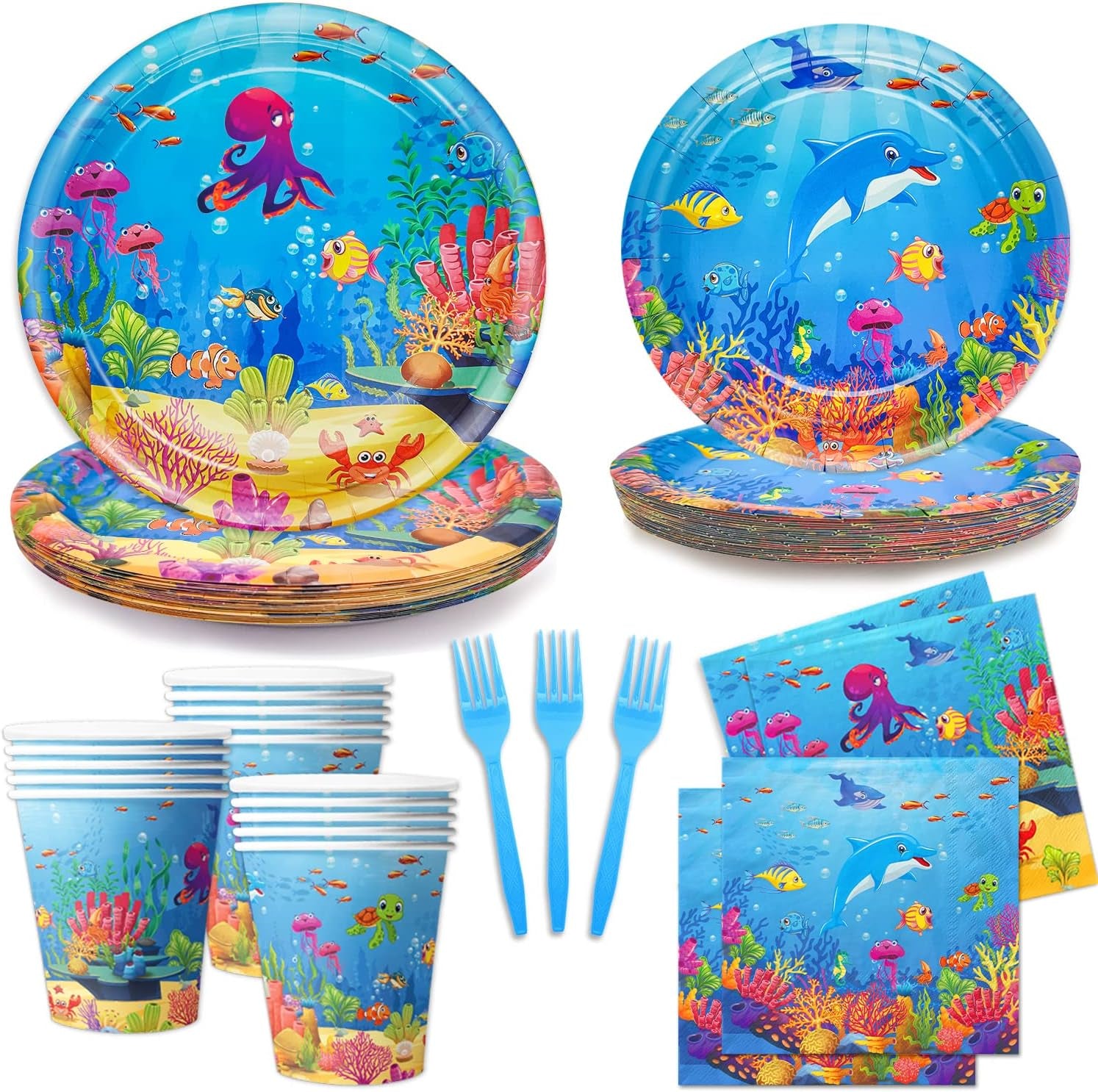 120 Pcs under the Sea Party Decorations Ocean Birthday Party Plates and Napkins Set Sea Animal Theme Tableware Set Underwater Creatures Table Decor Supplies Paper Plates Napkins Cups for 24 Guests