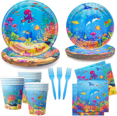 120 Pcs under the Sea Party Decorations Ocean Birthday Party Plates and Napkins Set Sea Animal Theme Tableware Set Underwater Creatures Table Decor Supplies Paper Plates Napkins Cups for 24 Guests