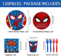 120Pcs Birthday Party Supplies Kids Paper Plates Napkins Cup Red Blue Forks Boys Birthday Party Decorations Disposable Tableware Set Serve 24 Guests