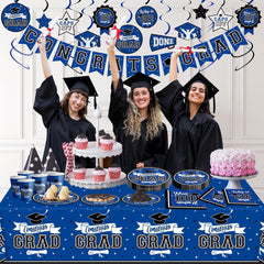 Graduation Decorations 2025 Blue, 2025 Graduation Party Decorations for 50 Guests, Disposable Tableware Set, Plates, Cups, Tablecloth with Congrats Grad Hanging Decor