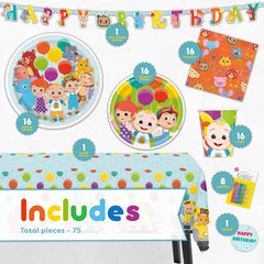 Cocomelon Party Supplies Set | Cocomelon Birthday Party Supplies and Decorations | Serves 16 Guests | with Banner, Table Cover, Plates, Napkins, Cups and Sticker