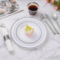 350 Piece Silver Plastic Dinnerware Set for 50 Guests, Fancy Disposable Plates for Party, Include: 50 Dinner Plates, 50 Dessert Plates, 50 Pre Rolled Napkins with Silver Silverware, 50 Cups