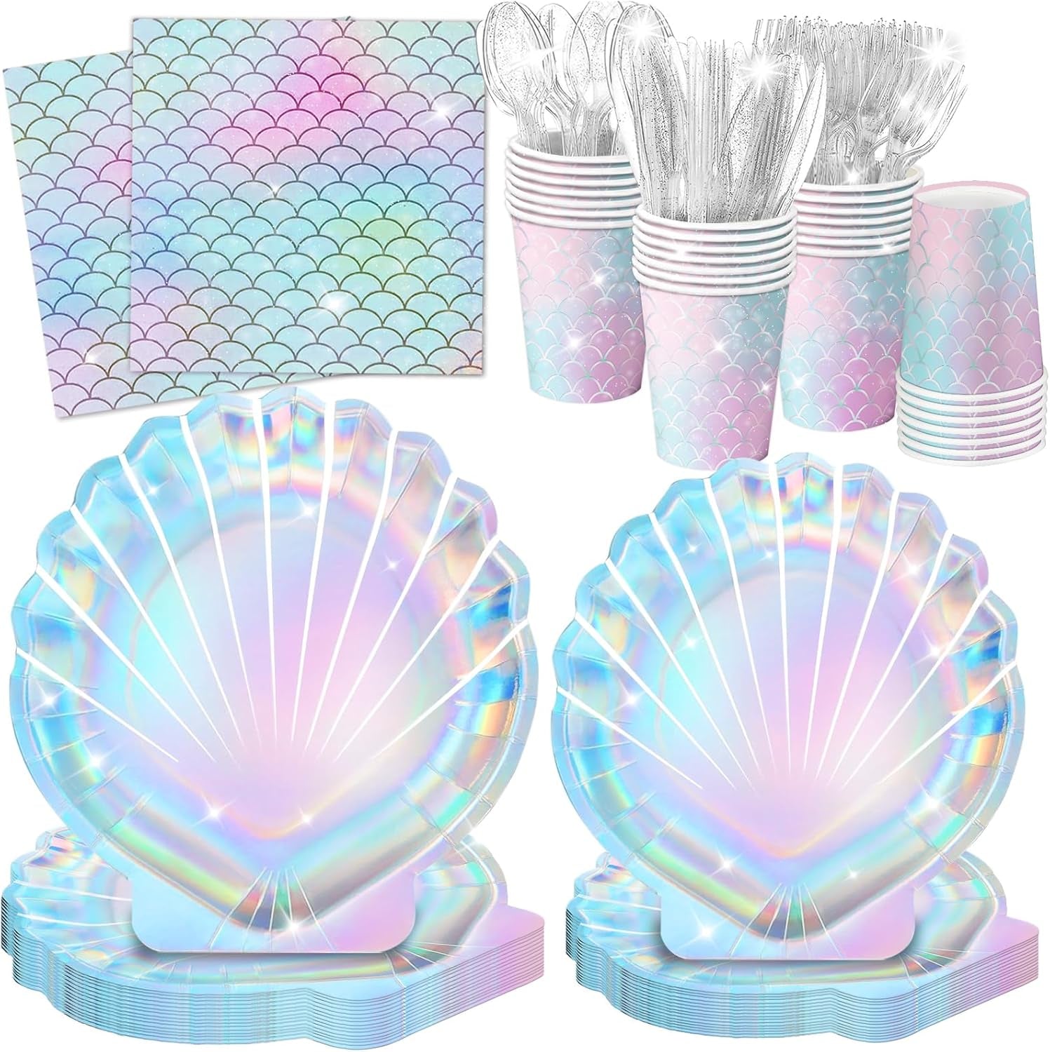 144 Pcs Mermaid Party Supplies Mermaid Birthday Decorations Includes Plates Napkins Cups Cutlery for under the Sea Party Decorations, Serve 24