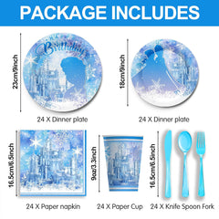 Frozen Birthday Party Supplies - Frozen Themed Tableware Decorations Include Dinner Plates, Cups, Napkins, Cutlery | 24 Guests