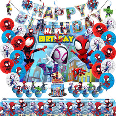 Spidey Birthday Decorations, Party Supplies Set Include Banner, Backdrop, Balloons, Hanging Swirls, Cake Cupcake Toppers, Tablecloth for Boys Girls Spidey Theme Party