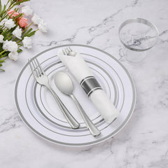 350 Piece Silver Plastic Dinnerware Set for 50 Guests, Fancy Disposable Plates for Party, Include: 50 Dinner Plates, 50 Dessert Plates, 50 Pre Rolled Napkins with Silver Silverware, 50 Cups