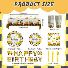 Construction Birthday Decorations, 170 Pcs Construction Birthday Party Supplies Including Banner, Plates, Cups, Napkins, Cutlery and Tablecloths, Serves 24