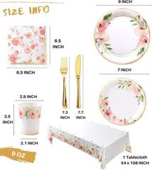 Floral Paper Plates and Napkins Party Supplies - Serves 16 - Flower Plates Floral Cups Knifes Forks Baby Shower Decorations for Girl Pink and Gold Bridal Shower Tea Party Birthday