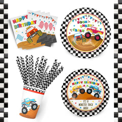 Monster Truck Party Supplies Decorations, Kids Birthday Paper Plates and Napkins Set with Cups and Straws for 24 Guests, 120 Pcs Disposable Party Dessert Dinnerwares