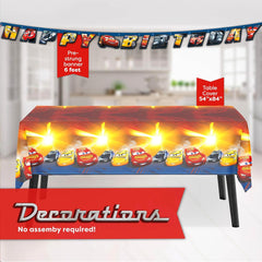 Disney Cars Birthday Decorations | Serves 16 Guests | Lightning Mcqueen Birthday Decorations Tablecloth, Banner, Plates, Napkins, Button | Officially Licensed