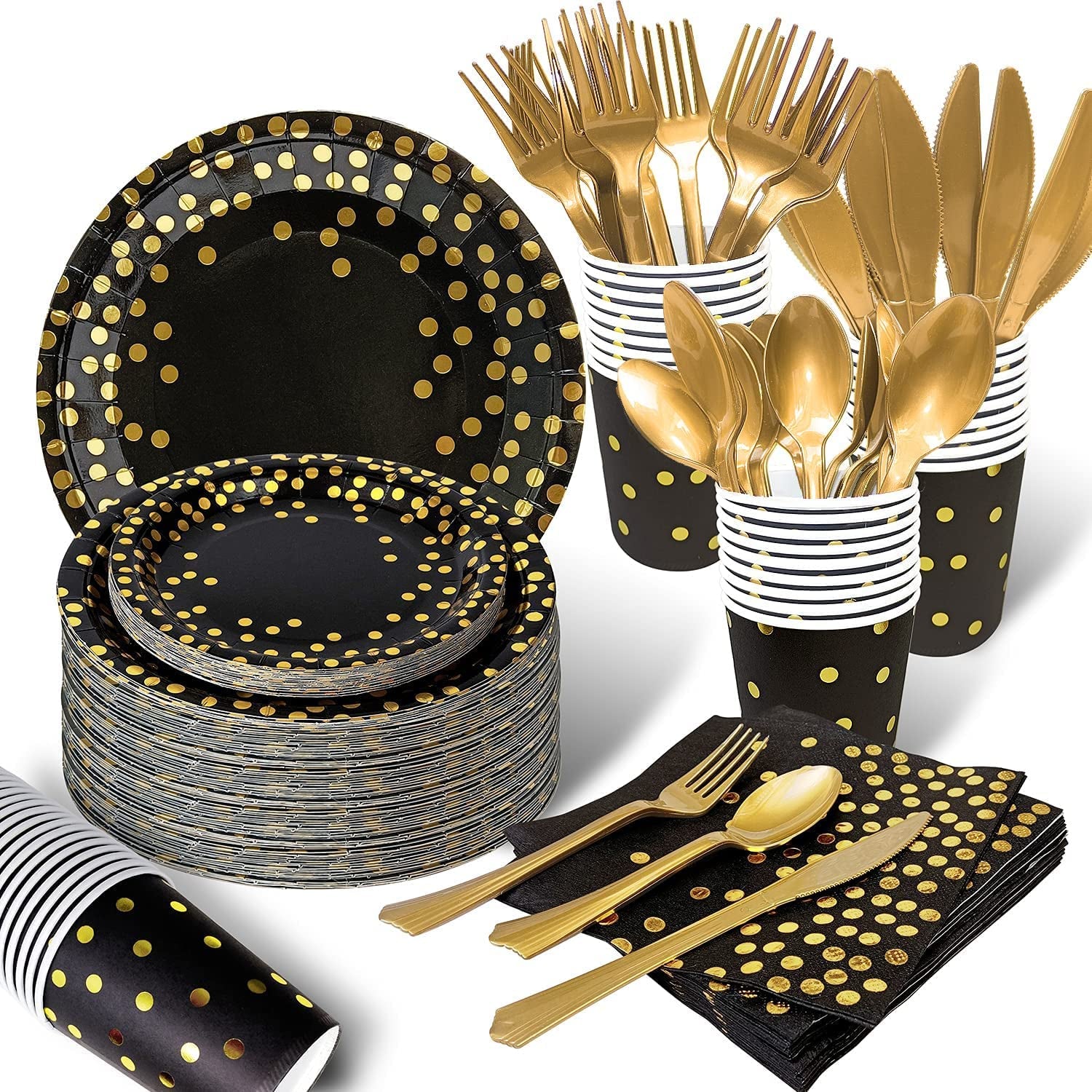 175PCS Black and Gold Party Supplies, Severs 25 Disposable Party Dinnerware Gold Plastic Forks Knives Spoons and Golden Dot Black Paper Plates Black Napkins Cups for New Years Graduation Birthday