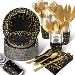 175PCS Black and Gold Party Supplies, Severs 25 Disposable Party Dinnerware Gold Plastic Forks Knives Spoons and Golden Dot Black Paper Plates Black Napkins Cups for New Years Graduation Birthday