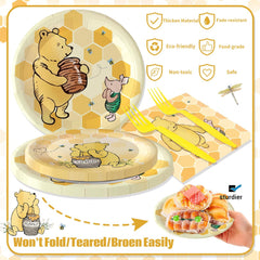 120Pcs Classic Winnie Bear Birthday Party Supplies - Plates, Napkins, Cups - Gender Neutral Baby Decoration - Serves 24 Guests