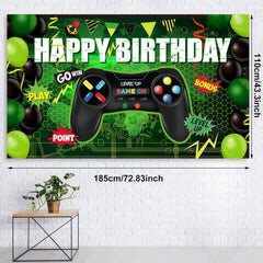 Video Game Birthday Party Decorations Set Gaming Happy Birthday Supplies Includes Video Game Backdrop, Table Covers, Balloons and Foil Gamer Balloons for Party(Green and Black)