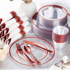 350 Piece Red Plastic Dinnerware Set for Party, Clear Disposable Plates for 50 Guests, Include: 50 Dinner Plastic Plates, 50 Dessert Plates, 50 Pre Rolled Napkins with Cutlery Set, 50 Cups