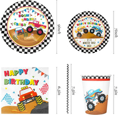 Monster Truck Party Supplies Decorations, Kids Birthday Paper Plates and Napkins Set with Cups and Straws for 24 Guests, 120 Pcs Disposable Party Dessert Dinnerwares