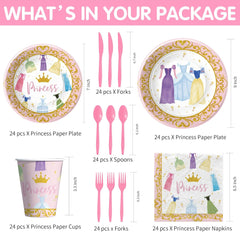 Princess Birthday Party Decorations Tableware - Princess Party Decorations Supplies for Birthday Baby Shower, Plate, Cup, Napkin, Disposable Cutlery, Princess Birthday Decorations | 24 Guest