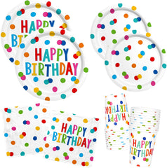 Happy Birthday Decorations: Kids' Birthday Party Supplies with Dots Design - Includes Happy Birthday Plates and Napkins, Disposable Paper Cups, Serves 16