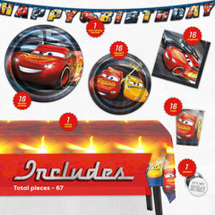Disney Cars Birthday Decorations | Serves 16 Guests | Lightning Mcqueen Birthday Decorations Tablecloth, Banner, Plates, Napkins, Button | Officially Licensed