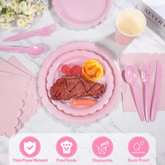 175 Pcs Pink Paper Plates and Napkins, Light Pink Party Supplies Include Scalloped Plate Napkins Cups Plastic Spoons Forks Knives for Baby Shower, Wedding, Birthday