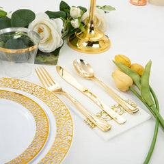 350-Piece Premium Gold Dinnerware Set - Includes Dinner Plates, Dessert Plates, Napkins, Cups, and Plastic Cutlery for Elegant Events