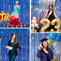 Blue Streamers Party Decorations 3.3X8.2Ft, 2 Pack Dark Blue Tinsel Backdrop for Ocean Themed Party Decor, Glitter Blue Foil Fringe Curtains for Door Decorations Hanging Birthday Baby Shower Halloween