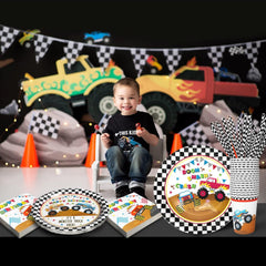 Monster Truck Party Supplies Decorations, Kids Birthday Paper Plates and Napkins Set with Cups and Straws for 24 Guests, 120 Pcs Disposable Party Dessert Dinnerwares
