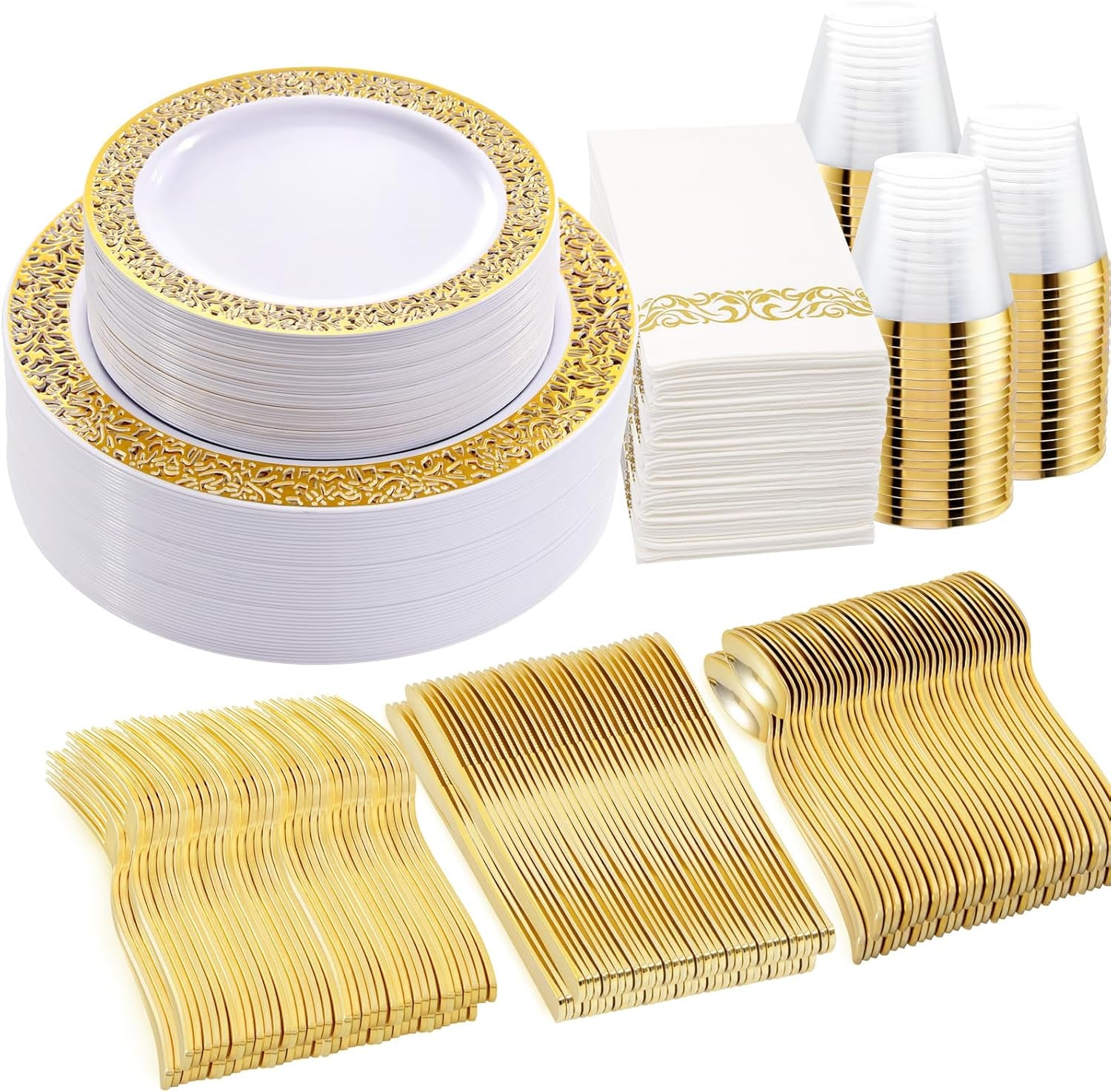 350-Piece Premium Gold Dinnerware Set - Includes Dinner Plates, Dessert Plates, Napkins, Cups, and Plastic Cutlery for Elegant Events