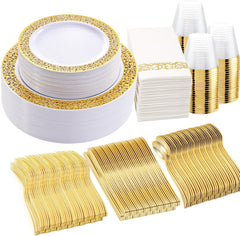 350-Piece Premium Gold Dinnerware Set - Includes Dinner Plates, Dessert Plates, Napkins, Cups, and Plastic Cutlery for Elegant Events