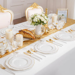 30-Guest Gold Plastic Plates - Elegant Baroque Design - 10.25" & 7.5" Disposable Wedding Plates in White and Gold for Events, Weddings, and Father's Day Celebrations