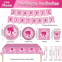 194 Pcs Pink Princess Party Supplies Kit for 24 Guests - Disposable Tableware Set with Plates Napkins Cups Cutlery Tablecloth & Banner, Ideal for Girls' Birthday Decorations