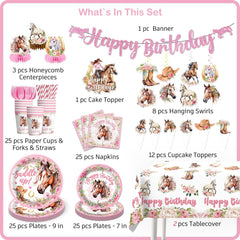 185 Pcs Cowgirl Birthday Party Decorations Tableware Set, Horse Party Supplies Includes Plates, Napkins, Cups, Banner, Hanging Swirl, Tablecloth, Cake Topper, for Girl Birthday Decorations, Serve 25