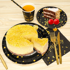 201 Pieces Gold Disposable Party Dinnerware Set &Golden Dot Birthday Black Paper Plates Napkins Cups, Gold Plastic Forks Knives Spoons (25 Guests)