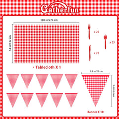 Gingham Red and White Party Supplies Disposable Paper Plates Napkins Cups Knives Spoons Forks Tablecloth Banner for Birthday Party Family Dinner Picnic Barbecue Mother'S Day Party, Serve 25