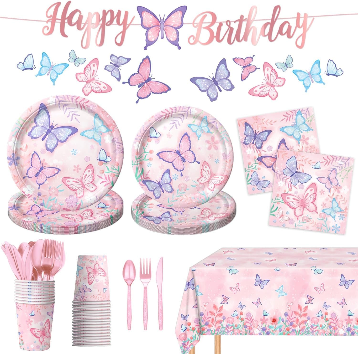 178 PCS Butterfly Birthday Party Supplies Disposable Paper Plates, Napkins, Cups, Cutlery, Tablecloth, Banner, and Hanging Swirl for Butterfly Birthday Decorations, Serves 25