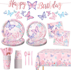 178 PCS Butterfly Birthday Party Supplies Disposable Paper Plates, Napkins, Cups, Cutlery, Tablecloth, Banner, and Hanging Swirl for Butterfly Birthday Decorations, Serves 25